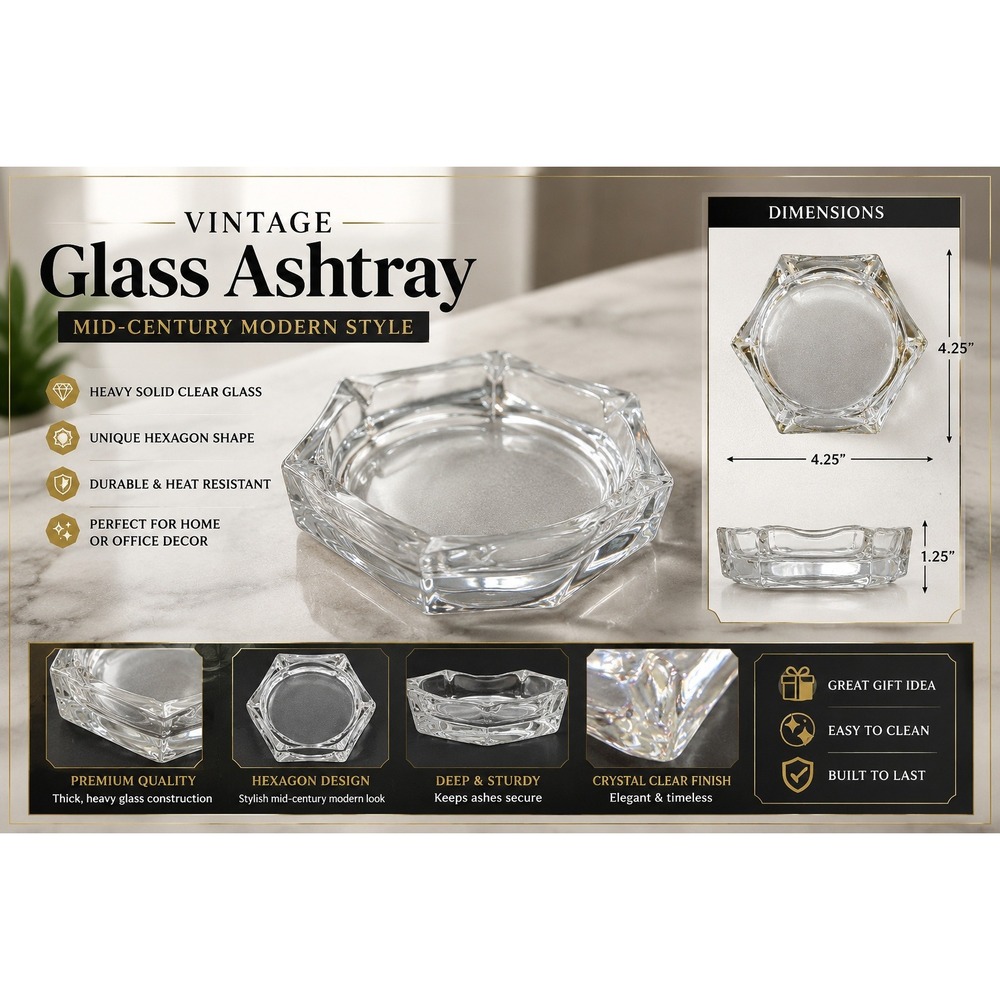 Vtg Clear Glass Hexagonal Ashtray 6-Slot Star Shape Mid Century Modern 4 Inch
